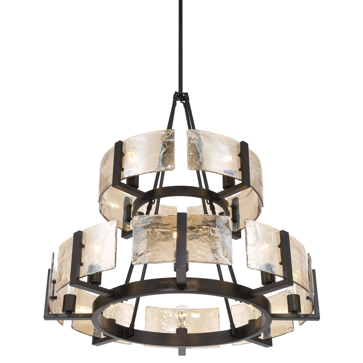Golden Lighting Aenon 32in 12-Light Chandelier | Rustic Matte Black and Amber Water Glass | Dining Room & Foyer | Model 3164-4-8 BLK-AWG