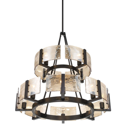 Golden Lighting Aenon 32in 12-Light Chandelier | Rustic Matte Black and Amber Water Glass | Dining Room & Foyer | Model 3164-4-8 BLK-AWG