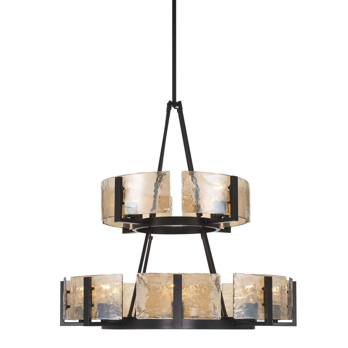 Golden Lighting Aenon 32in 12-Light Chandelier | Rustic Matte Black and Amber Water Glass | Dining Room & Foyer | Model 3164-4-8 BLK-AWG