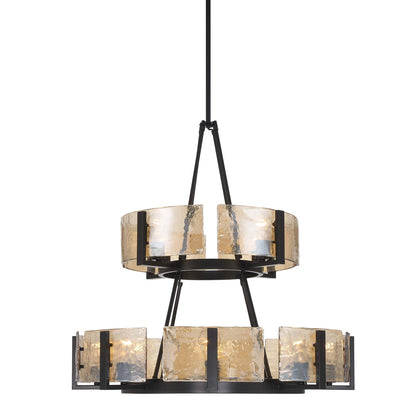 Golden Lighting Aenon 32in 12-Light Chandelier | Rustic Matte Black and Amber Water Glass | Dining Room & Foyer | Model 3164-4-8 BLK-AWG