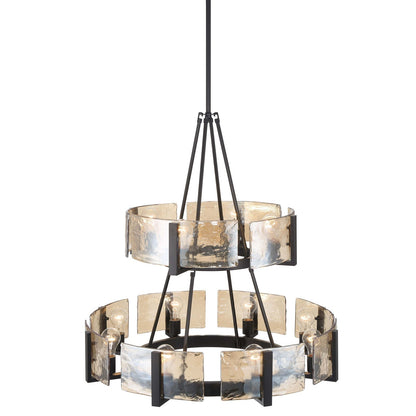 Golden Lighting Aenon 32in 12-Light Chandelier | Rustic Matte Black and Amber Water Glass | Dining Room & Foyer | Model 3164-4-8 BLK-AWG
