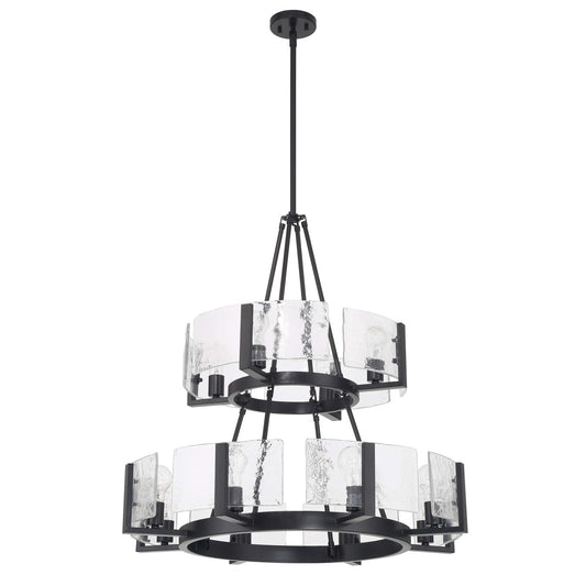 Golden Lighting Aenon 32in 12-Light Chandelier | Rustic Matte Black and Hammered Water Glass | Dining Room & Foyer | Model 3164-4-8 BLK-HWG