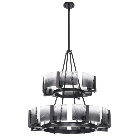 Golden Lighting Aenon 32in 12-Light Chandelier | Rustic Matte Black Steel and Smoky Water Glass | Dining Room & Foyer | Model 3164-4-8 BLK-SWG