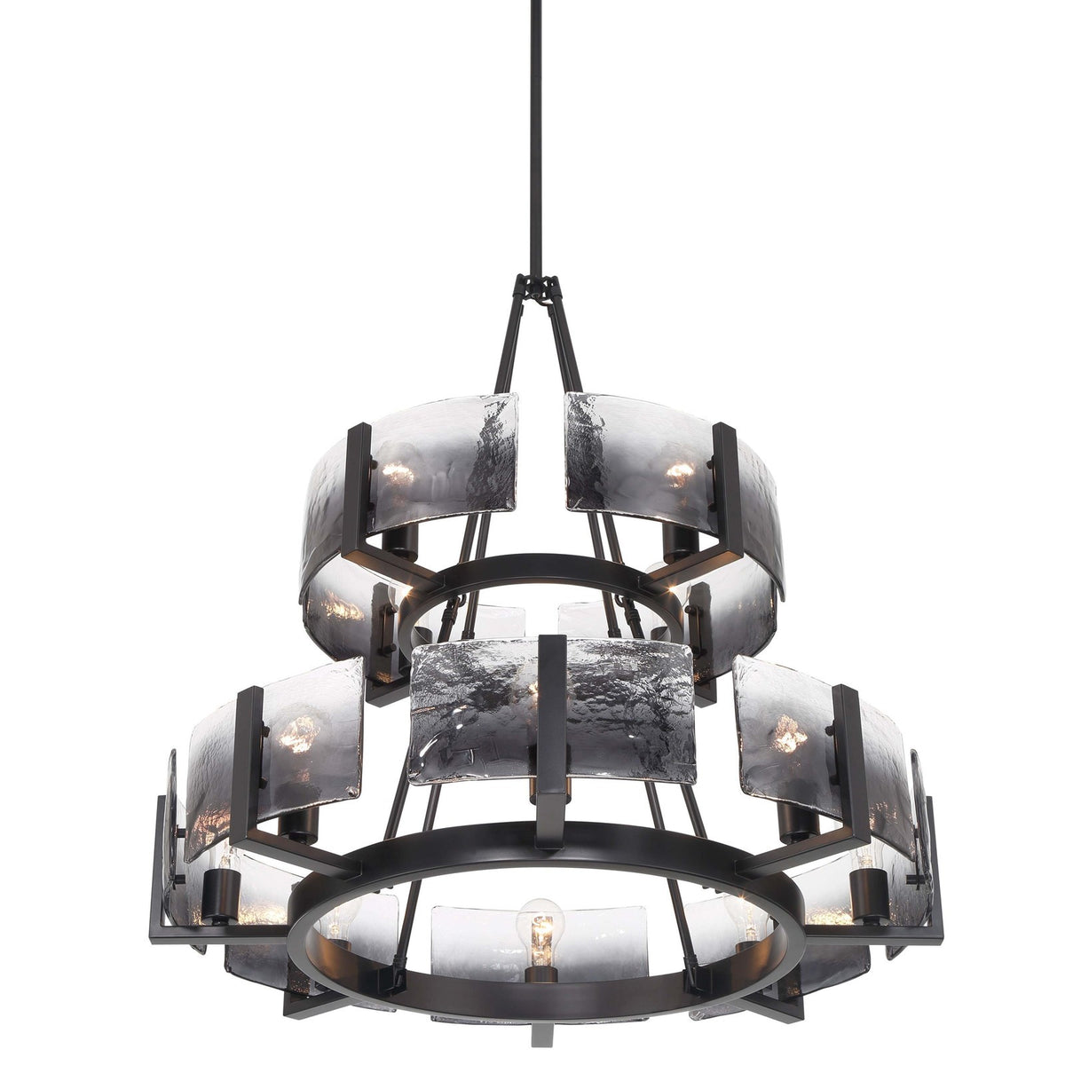 Golden Lighting Aenon 32in 12-Light Chandelier | Rustic Matte Black Steel and Smoky Water Glass | Dining Room & Foyer | Model 3164-4-8 BLK-SWG