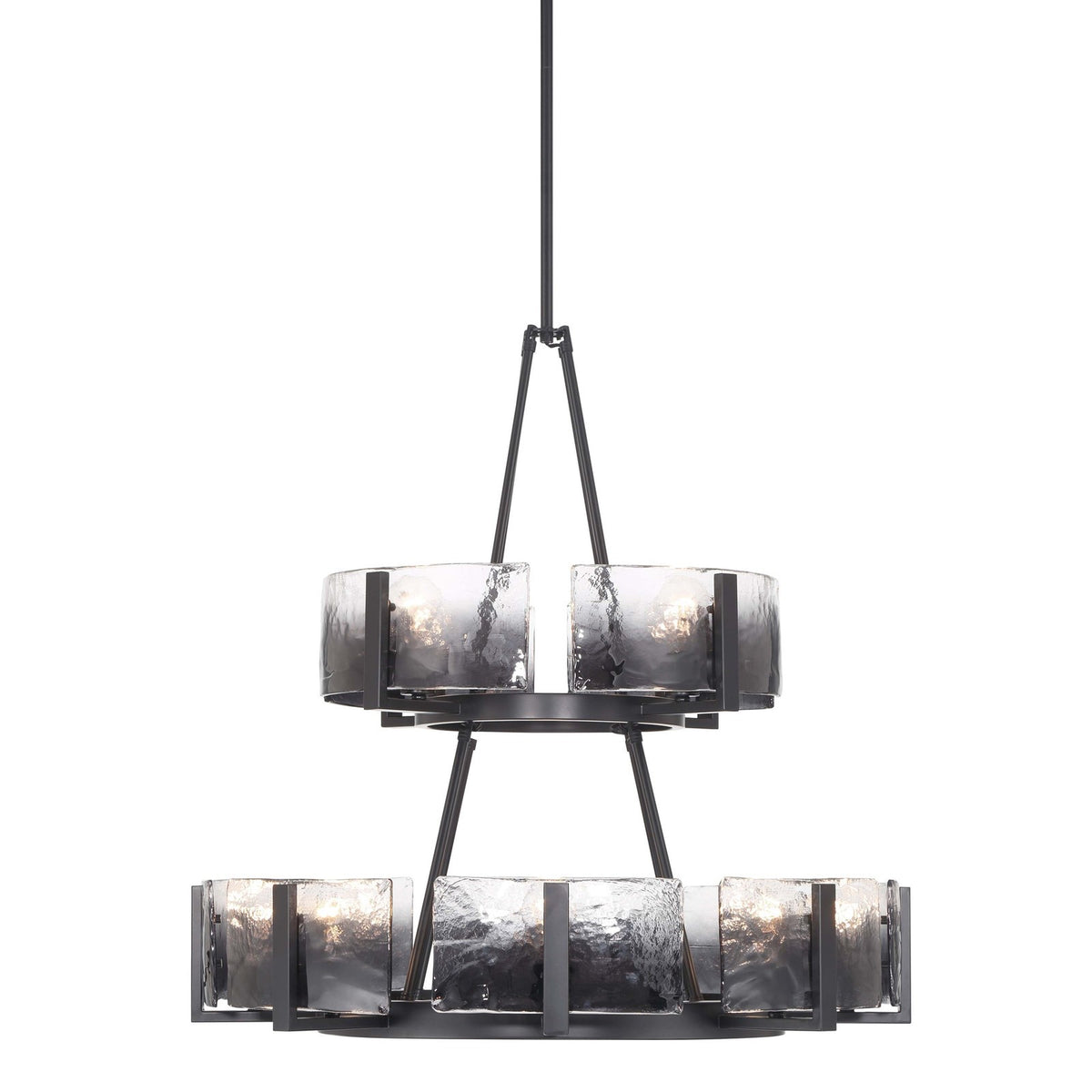 Golden Lighting Aenon 32in 12-Light Chandelier | Rustic Matte Black Steel and Smoky Water Glass | Dining Room & Foyer | Model 3164-4-8 BLK-SWG