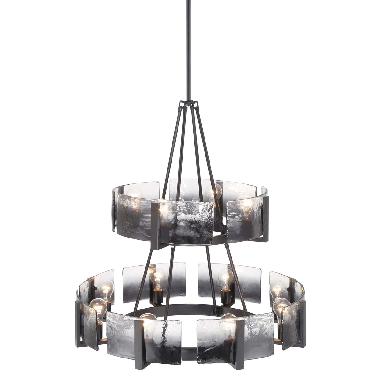 Golden Lighting Aenon 32in 12-Light Chandelier | Rustic Matte Black Steel and Smoky Water Glass | Dining Room & Foyer | Model 3164-4-8 BLK-SWG