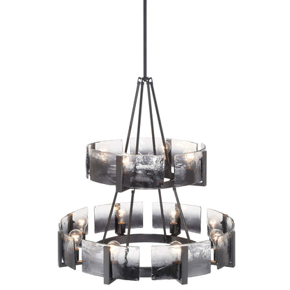 Golden Lighting Aenon 32in 12-Light Chandelier | Rustic Matte Black Steel and Smoky Water Glass | Dining Room & Foyer | Model 3164-4-8 BLK-SWG