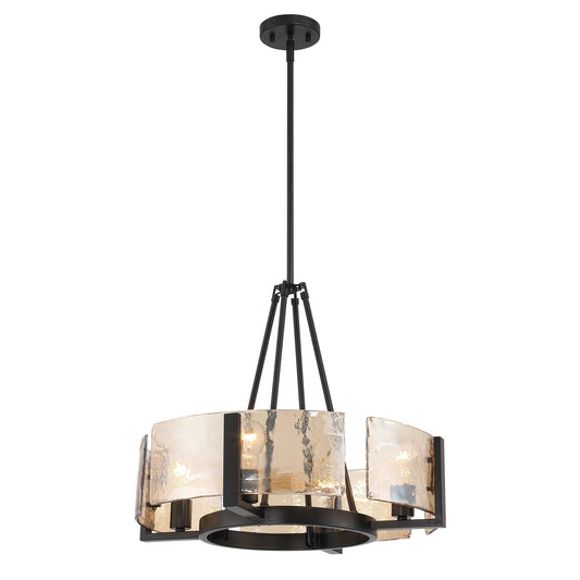Golden Lighting Aenon 22in 4-Light Chandelier | Rustic Matte Black and Amber Water Glass | Dining Room & Foyer | Model 3164-4 BLK-AWG