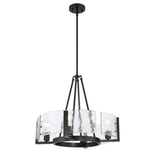 Golden Lighting Aenon 22in 4-Light Chandelier | Rustic Matte Black and Hammered Water Glass | Dining Room & Foyer | Model 3164-4 BLK-HWG