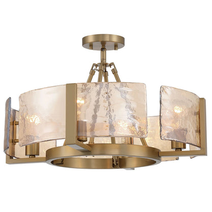 Golden Lighting Aenon 22in 4-Light Semi-Flush Mount | Rustic Brushed Champagne Brass and Amber Water Glass | Entryway | Model 3164-4SF BCB-AWG