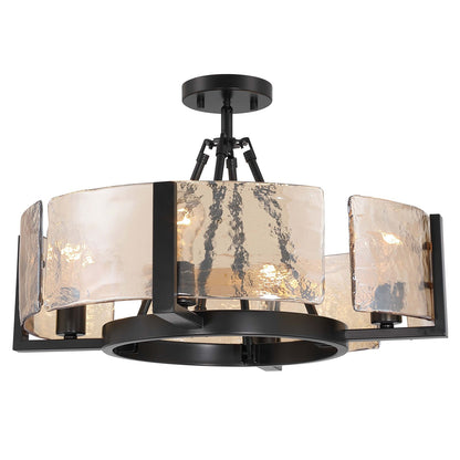 Golden Lighting Aenon 22in 4-Light Semi-Flush Mount | Rustic Matte Black and Amber Water Glass | Dining Room & Foyer | Model 3164-4SF BLK-AWG