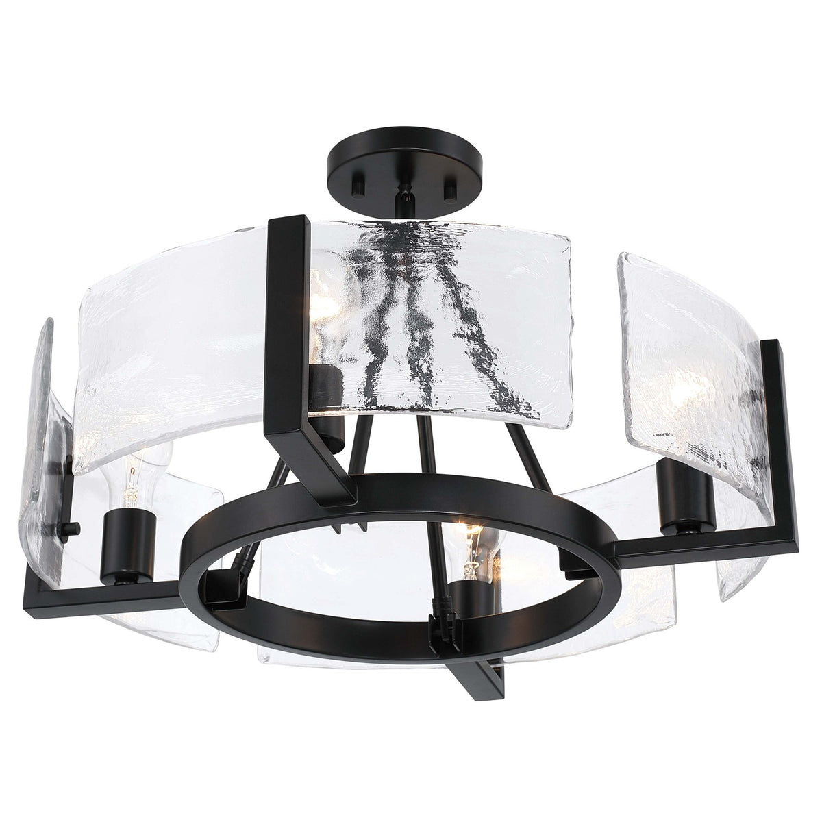 Golden Lighting Aenon 22in 4-Light Semi-Flush Mount | Rustic Matte Black and Hammered Water Glass | Entryway & Foyer | Model 3164-4SF BLK-HWG