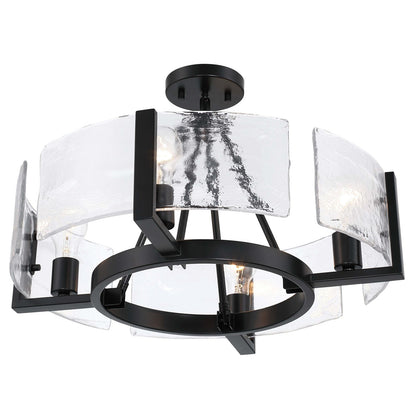 Golden Lighting Aenon 22in 4-Light Semi-Flush Mount | Rustic Matte Black and Hammered Water Glass | Entryway & Foyer | Model 3164-4SF BLK-HWG