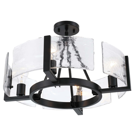 Golden Lighting Aenon 22in 4-Light Semi-Flush Mount | Rustic Matte Black and Hammered Water Glass | Entryway & Foyer | Model 3164-4SF BLK-HWG