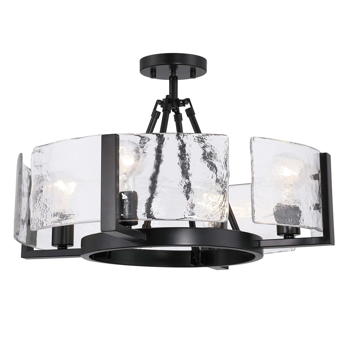 Golden Lighting Aenon 22in 4-Light Semi-Flush Mount | Rustic Matte Black and Hammered Water Glass | Entryway & Foyer | Model 3164-4SF BLK-HWG
