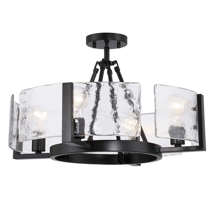 Golden Lighting Aenon 22in 4-Light Semi-Flush Mount | Rustic Matte Black and Hammered Water Glass | Entryway & Foyer | Model 3164-4SF BLK-HWG
