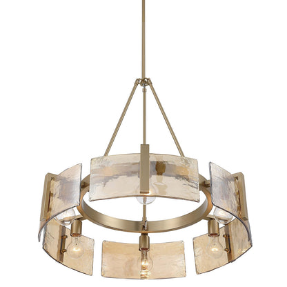 Golden Lighting Aenon 28in 6-Light Chandelier | Rustic Brushed Champagne Brass and Amber Water Glass | Dining Room & Foyer | Model 3164-6 BCB-AWG