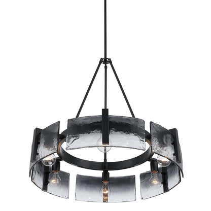 Golden Lighting Aenon 28in 6-Light Chandelier | Rustic Matte Black and Smoky Water Glass | Dining Room & Foyer | Model 3164-6 BLK-SWG