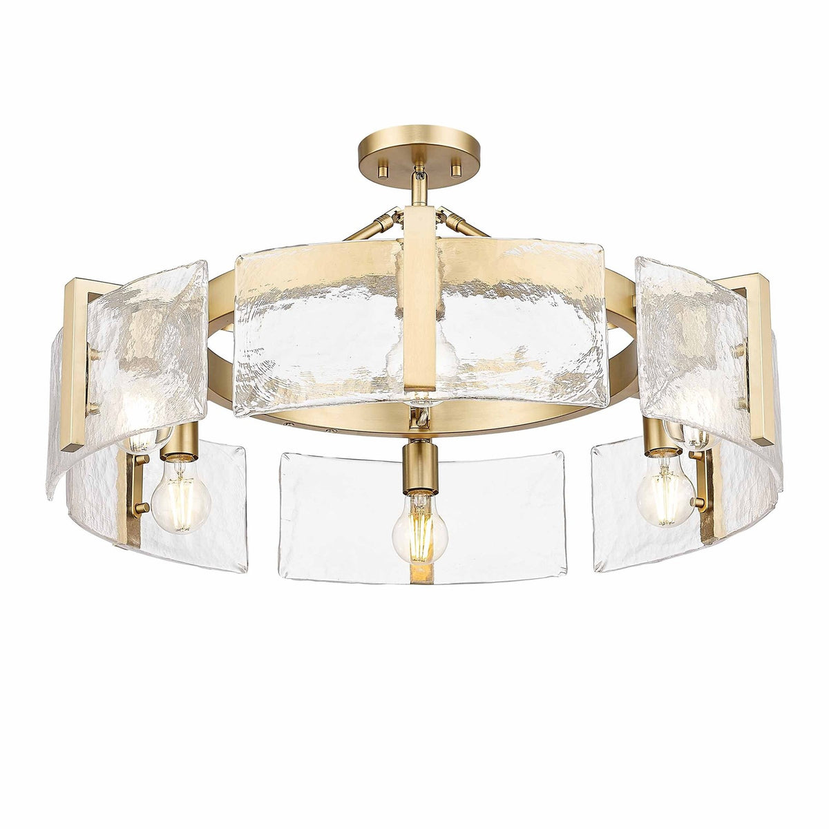 Golden Lighting Aenon 28in 6-Light Semi-Flush Mount | Rustic Brushed Champagne Brass and Hammered Water Glass | Entryway | Model 3164-6SF BCB-HWG