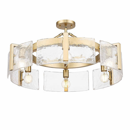 Golden Lighting Aenon 28in 6-Light Semi-Flush Mount | Rustic Brushed Champagne Brass and Hammered Water Glass | Entryway | Model 3164-6SF BCB-HWG