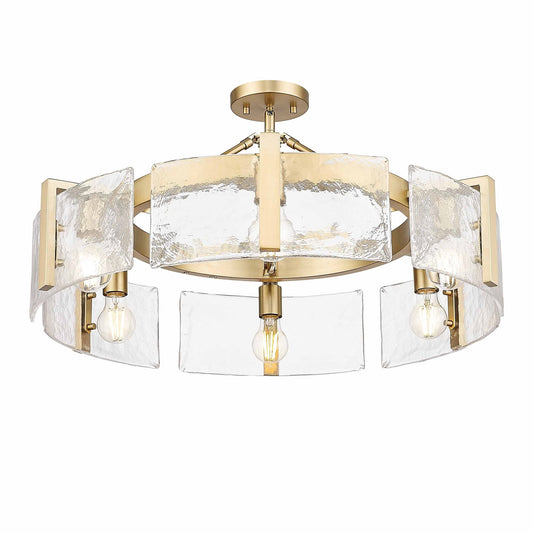 Golden Lighting Aenon 28in 6-Light Semi-Flush Mount | Rustic Brushed Champagne Brass and Hammered Water Glass | Entryway | Model 3164-6SF BCB-HWG