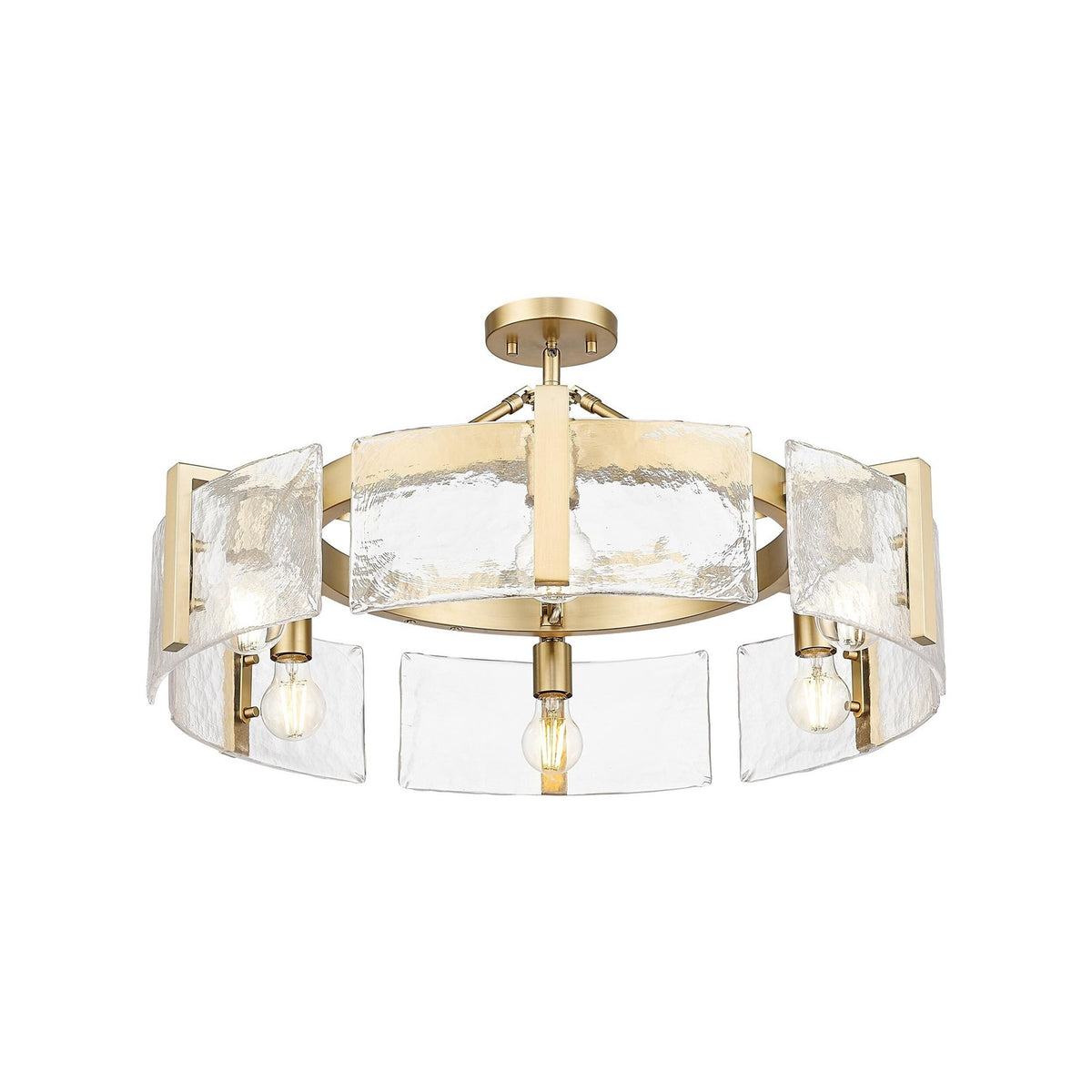 Golden Lighting Aenon 28in 6-Light Semi-Flush Mount | Rustic Brushed Champagne Brass and Hammered Water Glass | Entryway | Model 3164-6SF BCB-HWG