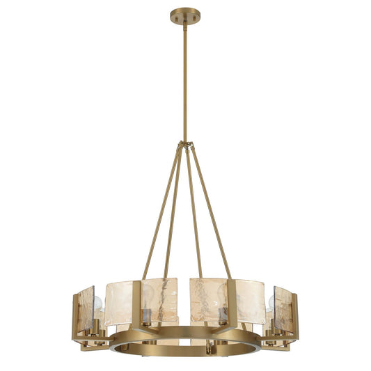 Golden Lighting Aenon 32in 8-Light Chandelier | Rustic Brushed Champagne Brass and Amber Water Glass | Dining Room & Foyer | Model 3164-8 BCB-AWG
