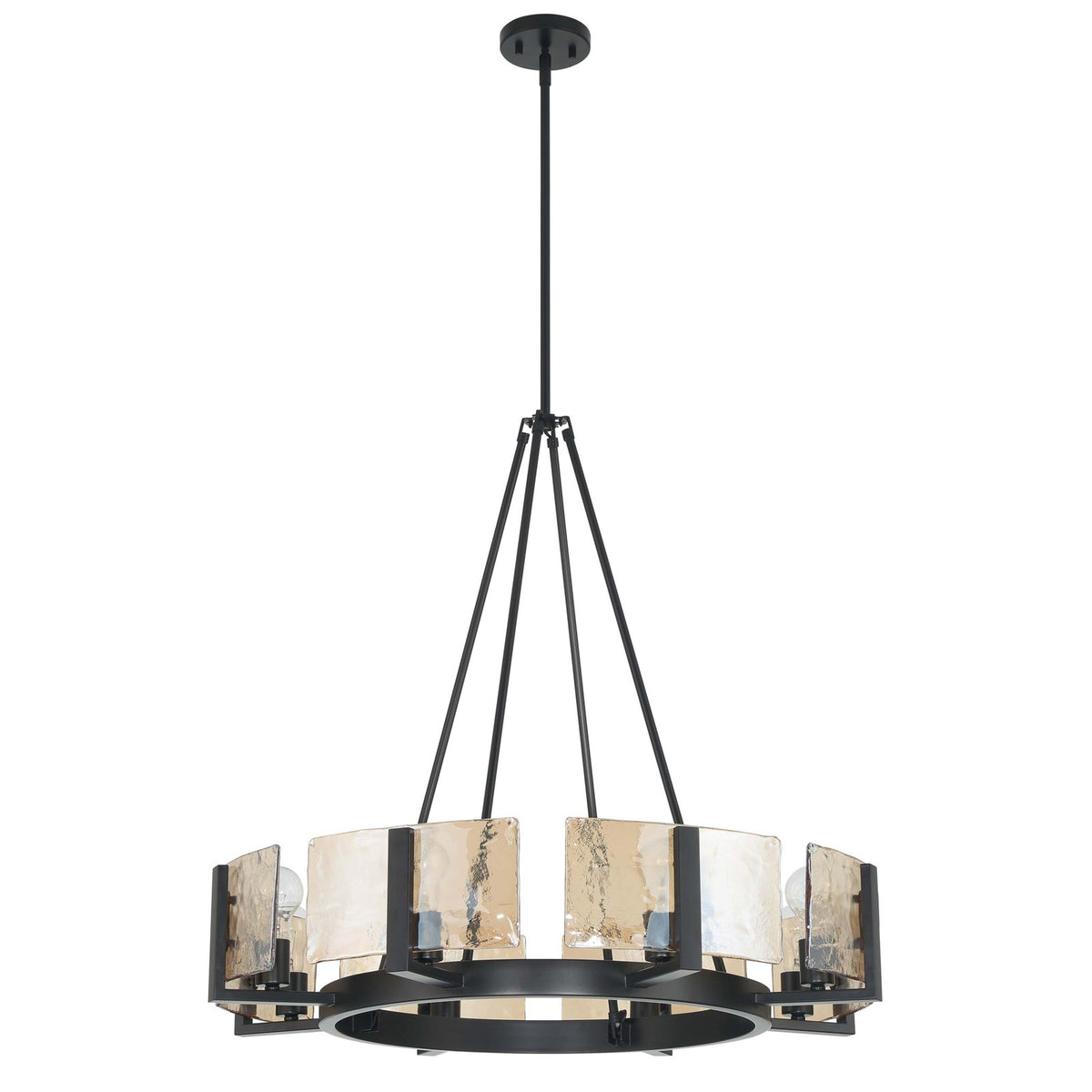 Golden Lighting Aenon 32in 8-Light Chandelier | Rustic Matte Black and Amber Water Glass | Dining Room & Foyer | Model 3164-8 BLK-AWG
