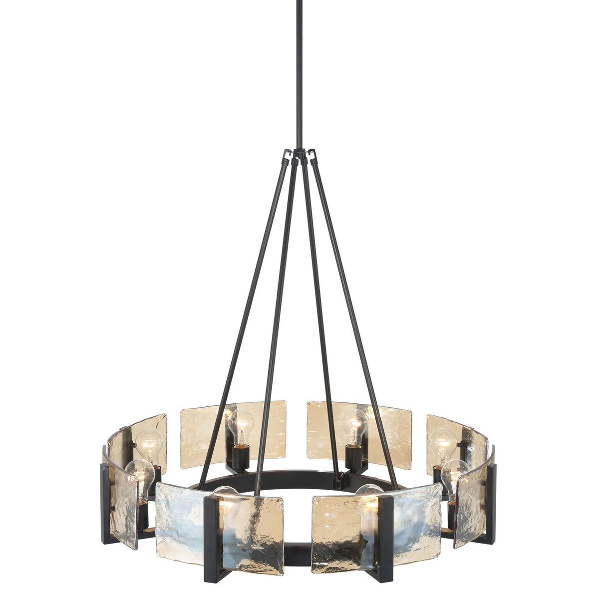 Golden Lighting Aenon 32in 8-Light Chandelier | Rustic Matte Black and Amber Water Glass | Dining Room & Foyer | Model 3164-8 BLK-AWG