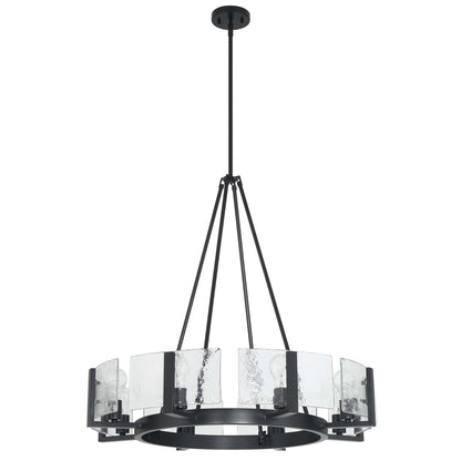 Golden Lighting Aenon 32in 8-Light Chandelier | Rustic Matte Black and Hammered Water Glass | Dining Room & Foyer | Model 3164-8 BLK-HWG