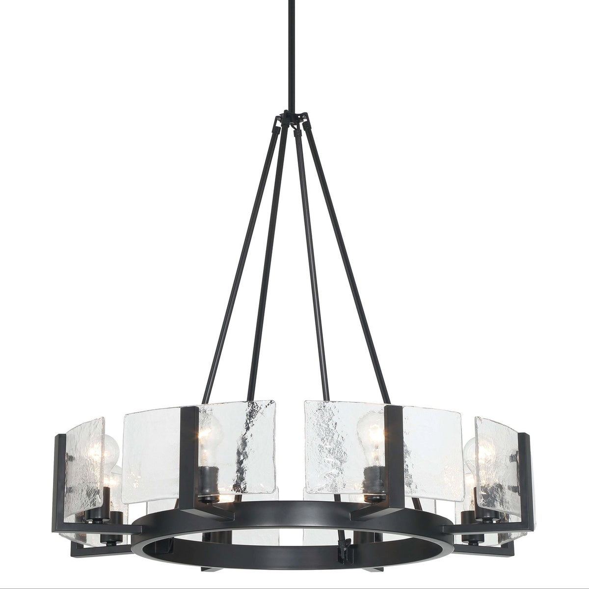 Golden Lighting Aenon 32in 8-Light Chandelier | Rustic Matte Black and Hammered Water Glass | Dining Room & Foyer | Model 3164-8 BLK-HWG