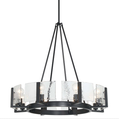 Golden Lighting Aenon 32in 8-Light Chandelier | Rustic Matte Black and Hammered Water Glass | Dining Room & Foyer | Model 3164-8 BLK-HWG