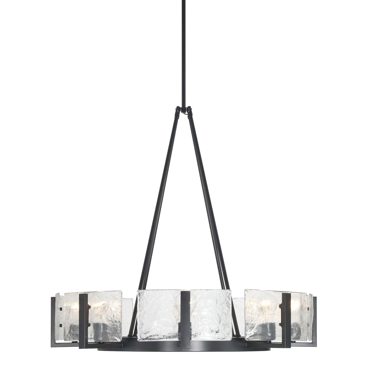 Golden Lighting Aenon 32in 8-Light Chandelier | Rustic Matte Black and Hammered Water Glass | Dining Room & Foyer | Model 3164-8 BLK-HWG