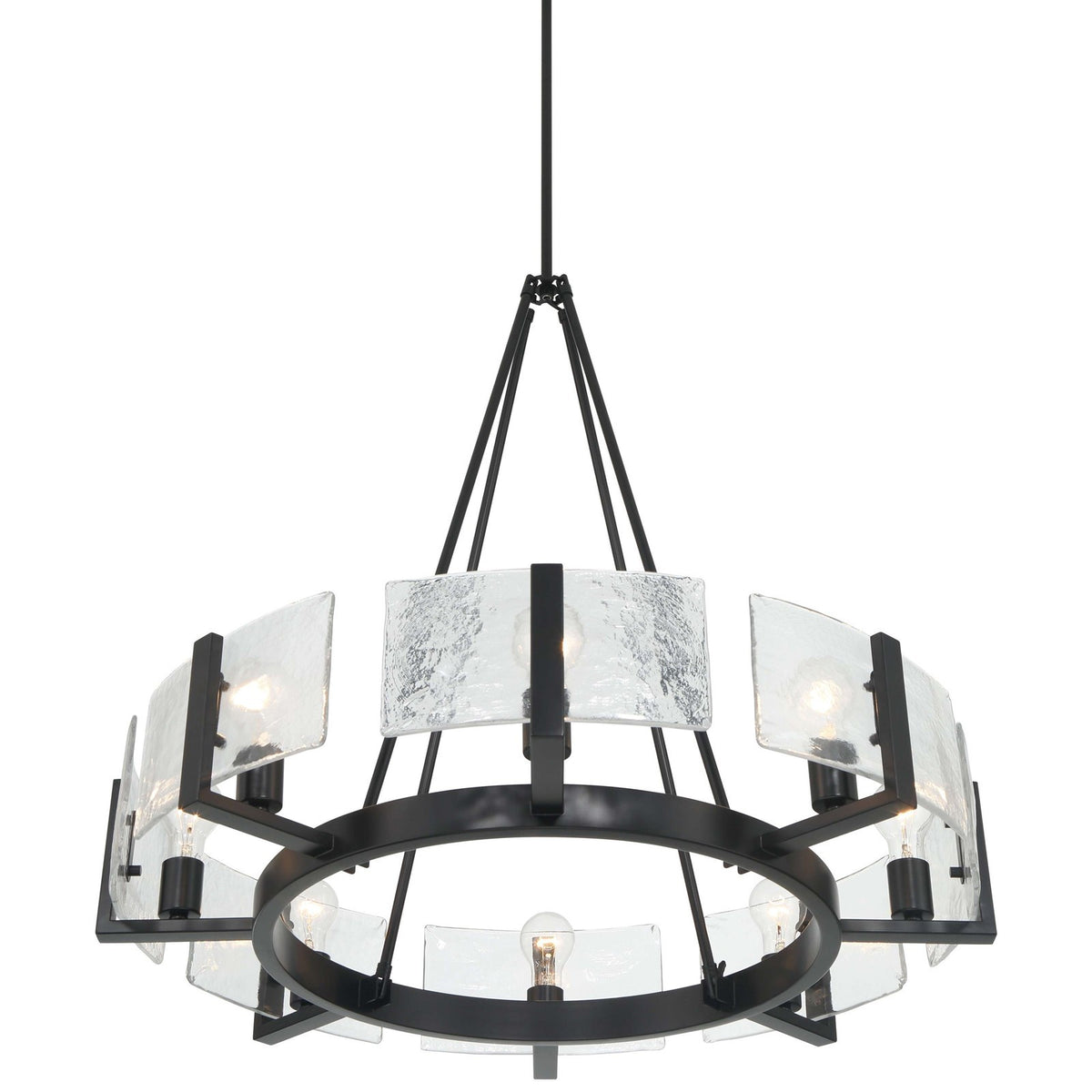 Golden Lighting Aenon 32in 8-Light Chandelier | Rustic Matte Black and Hammered Water Glass | Dining Room & Foyer | Model 3164-8 BLK-HWG