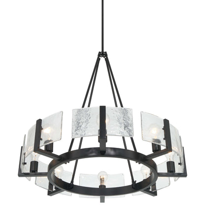 Golden Lighting Aenon 32in 8-Light Chandelier | Rustic Matte Black and Hammered Water Glass | Dining Room & Foyer | Model 3164-8 BLK-HWG