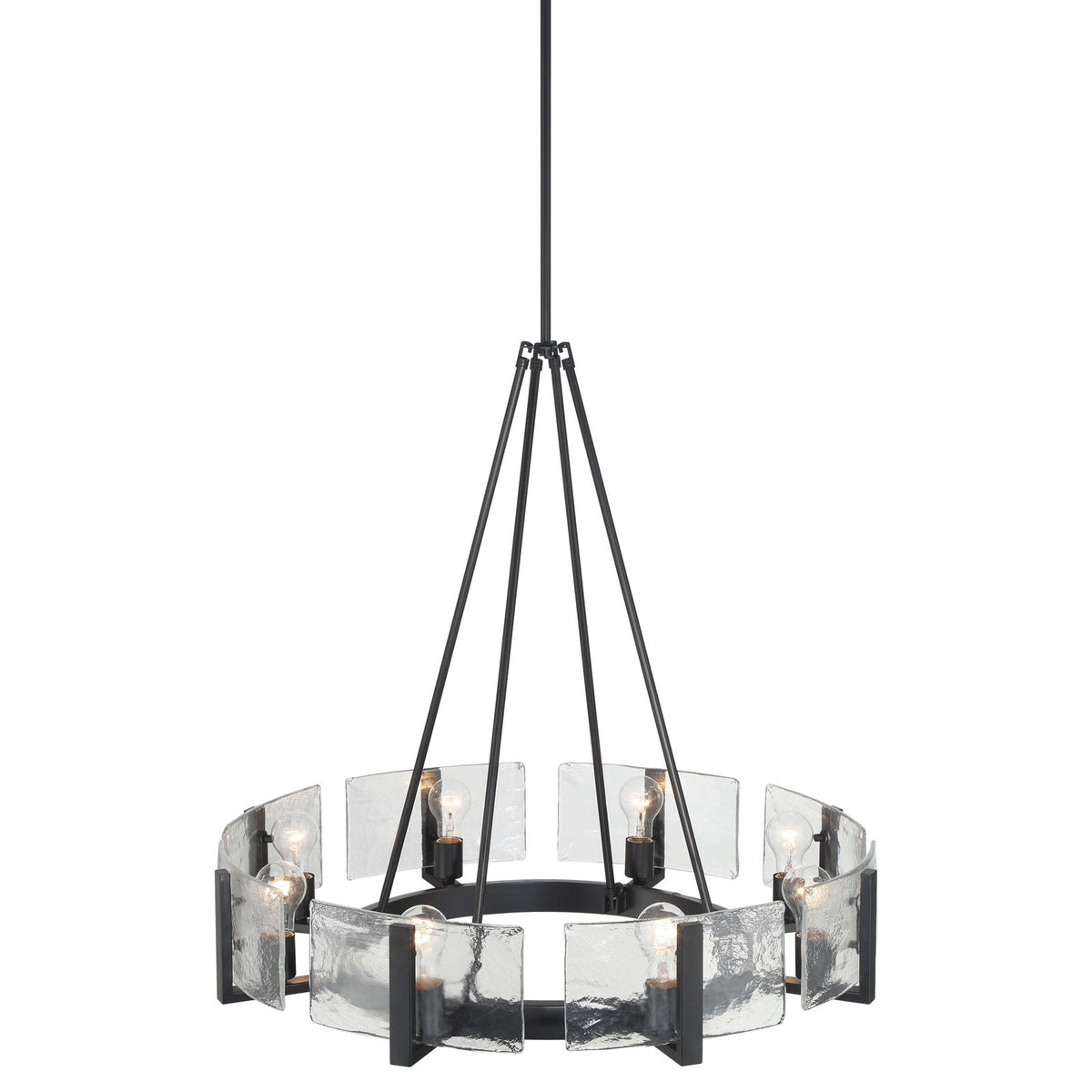 Golden Lighting Aenon 32in 8-Light Chandelier | Rustic Matte Black and Hammered Water Glass | Dining Room & Foyer | Model 3164-8 BLK-HWG
