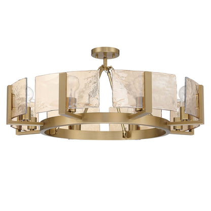 Golden Lighting Aenon 32in 8-Light Semi-Flush Mount | Rustic Brushed Champagne Brass and Amber Water Glass | Foyer & Dining | Model 3164-8SF BCB-AWG