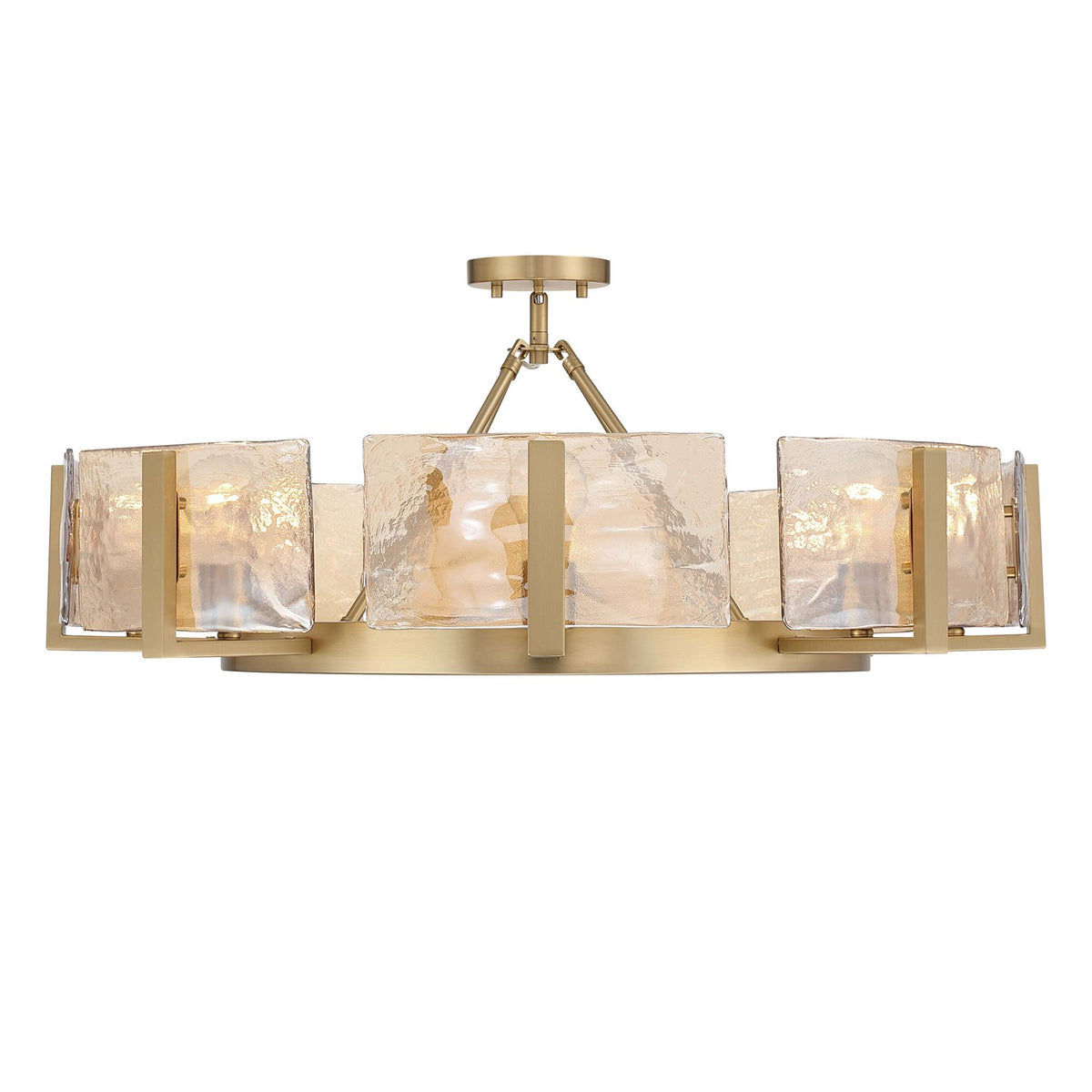 Golden Lighting Aenon 32in 8-Light Semi-Flush Mount | Rustic Brushed Champagne Brass and Amber Water Glass | Foyer & Dining | Model 3164-8SF BCB-AWG
