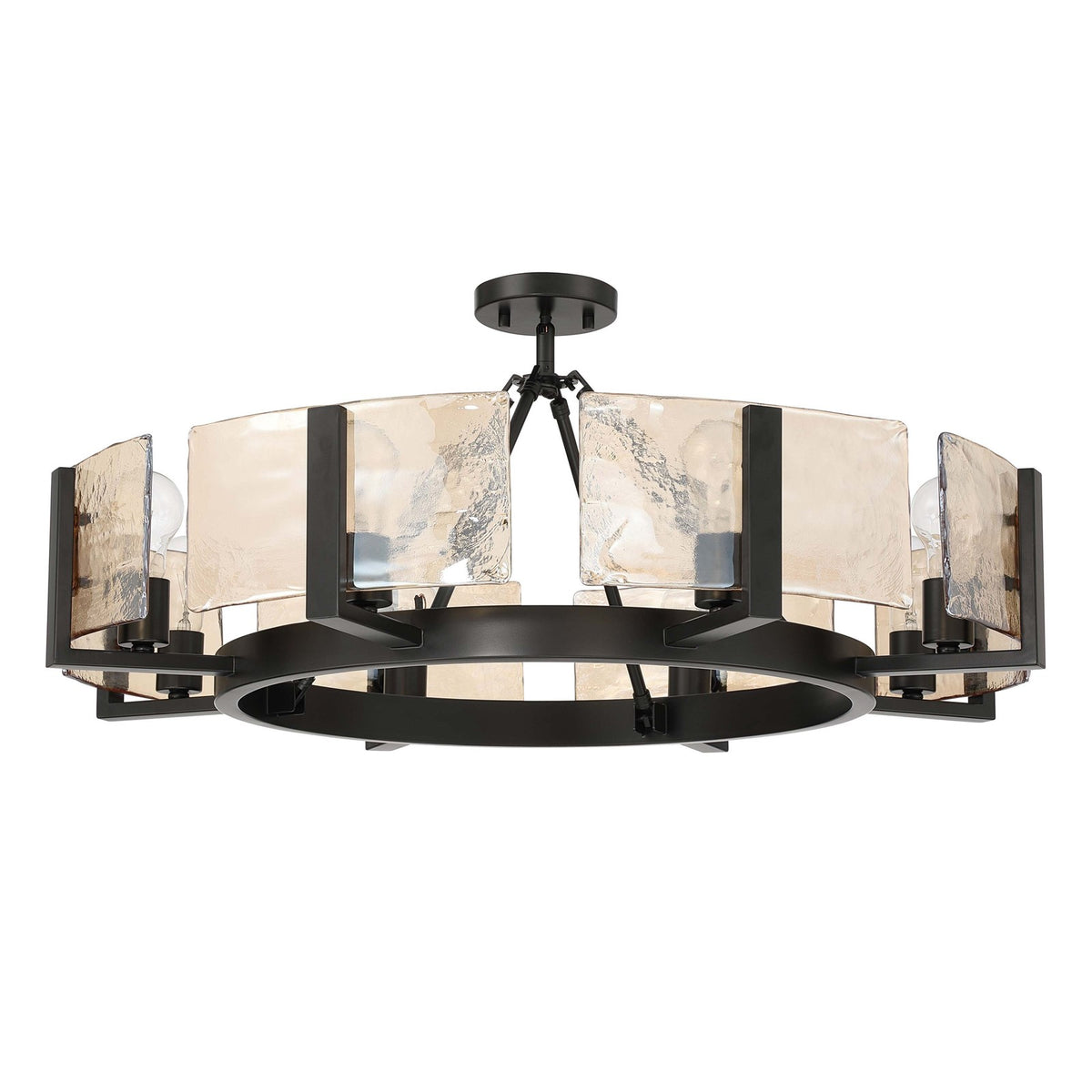 Golden Lighting Aenon 32in 8-Light Semi-Flush Mount | Rustic Matte Black and Amber Water Glass | Entryway & Foyer | Model 3164-8SF BLK-AWG