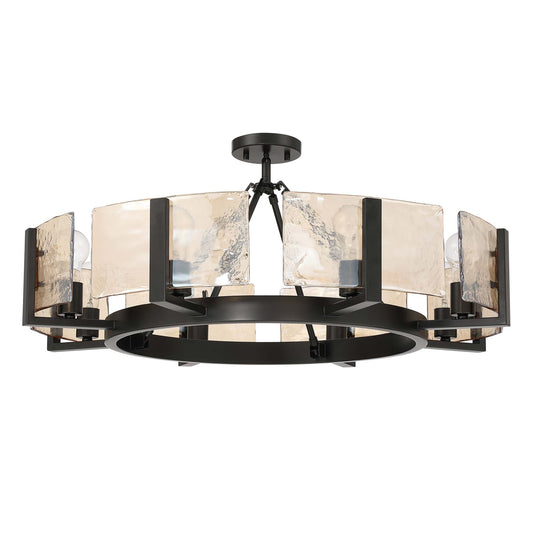 Golden Lighting Aenon 32in 8-Light Semi-Flush Mount | Rustic Matte Black and Amber Water Glass | Entryway & Foyer | Model 3164-8SF BLK-AWG