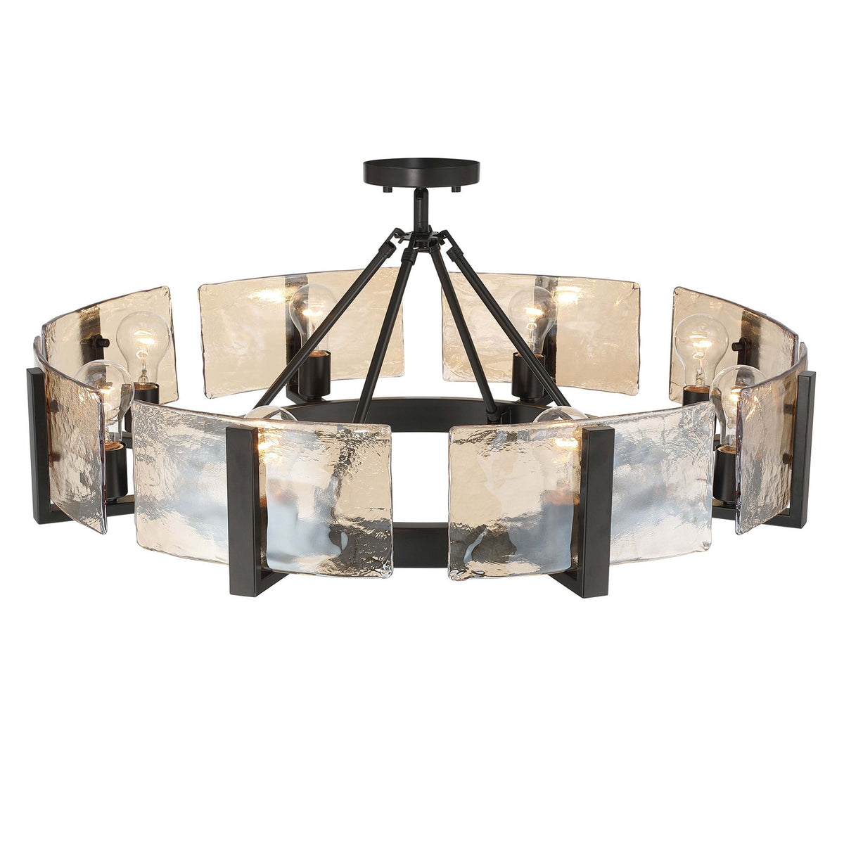 Golden Lighting Aenon 32in 8-Light Semi-Flush Mount | Rustic Matte Black and Amber Water Glass | Entryway & Foyer | Model 3164-8SF BLK-AWG