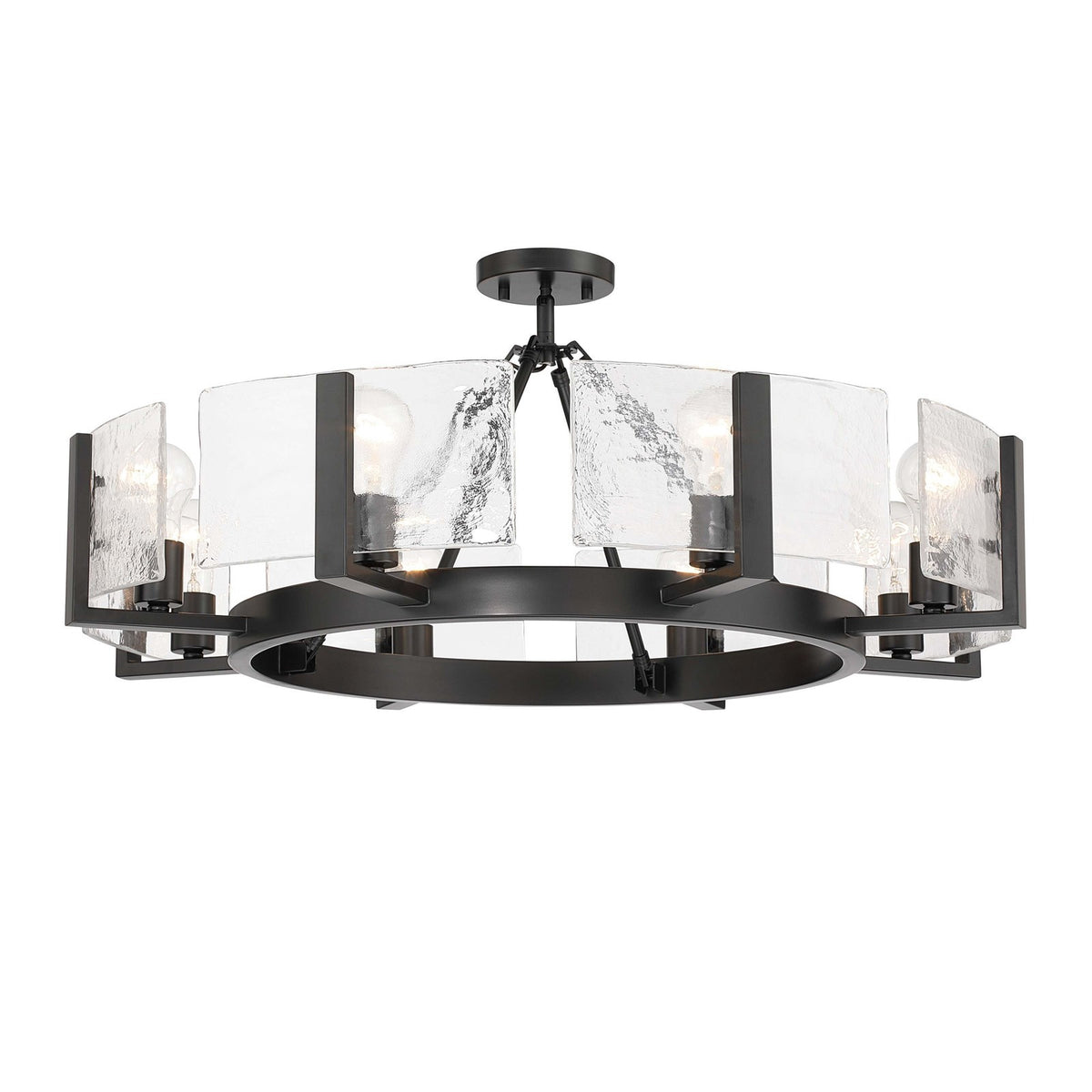 Golden Lighting Aenon 32in 8-Light Semi-Flush Mount | Rustic Matte Black and Hammered Water Glass | Entryway & Kitchen | Model 3164-8SF BLK-HWG