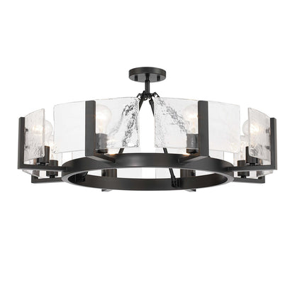 Golden Lighting Aenon 32in 8-Light Semi-Flush Mount | Rustic Matte Black and Hammered Water Glass | Entryway & Kitchen | Model 3164-8SF BLK-HWG