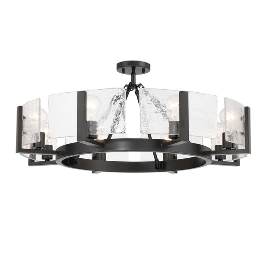 Golden Lighting Aenon 32in 8-Light Semi-Flush Mount | Rustic Matte Black and Hammered Water Glass | Entryway & Kitchen | Model 3164-8SF BLK-HWG
