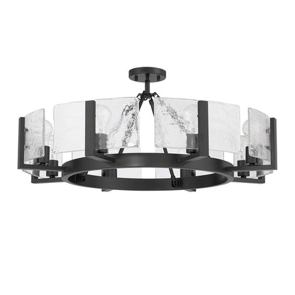 Golden Lighting Aenon 32in 8-Light Semi-Flush Mount | Rustic Matte Black and Hammered Water Glass | Entryway & Kitchen | Model 3164-8SF BLK-HWG