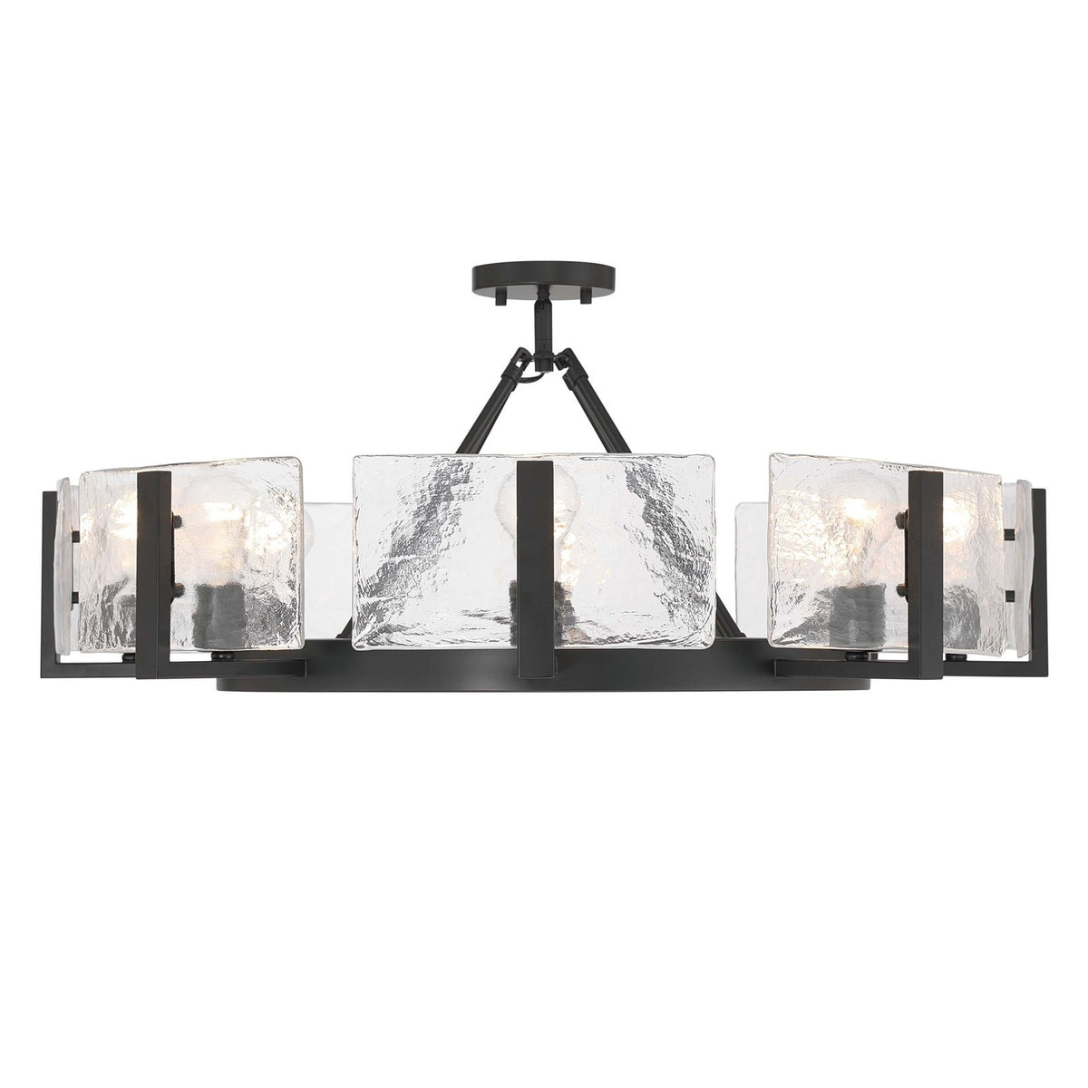 Golden Lighting Aenon 32in 8-Light Semi-Flush Mount | Rustic Matte Black and Hammered Water Glass | Entryway & Kitchen | Model 3164-8SF BLK-HWG