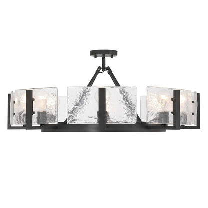 Golden Lighting Aenon 32in 8-Light Semi-Flush Mount | Rustic Matte Black and Hammered Water Glass | Entryway & Kitchen | Model 3164-8SF BLK-HWG