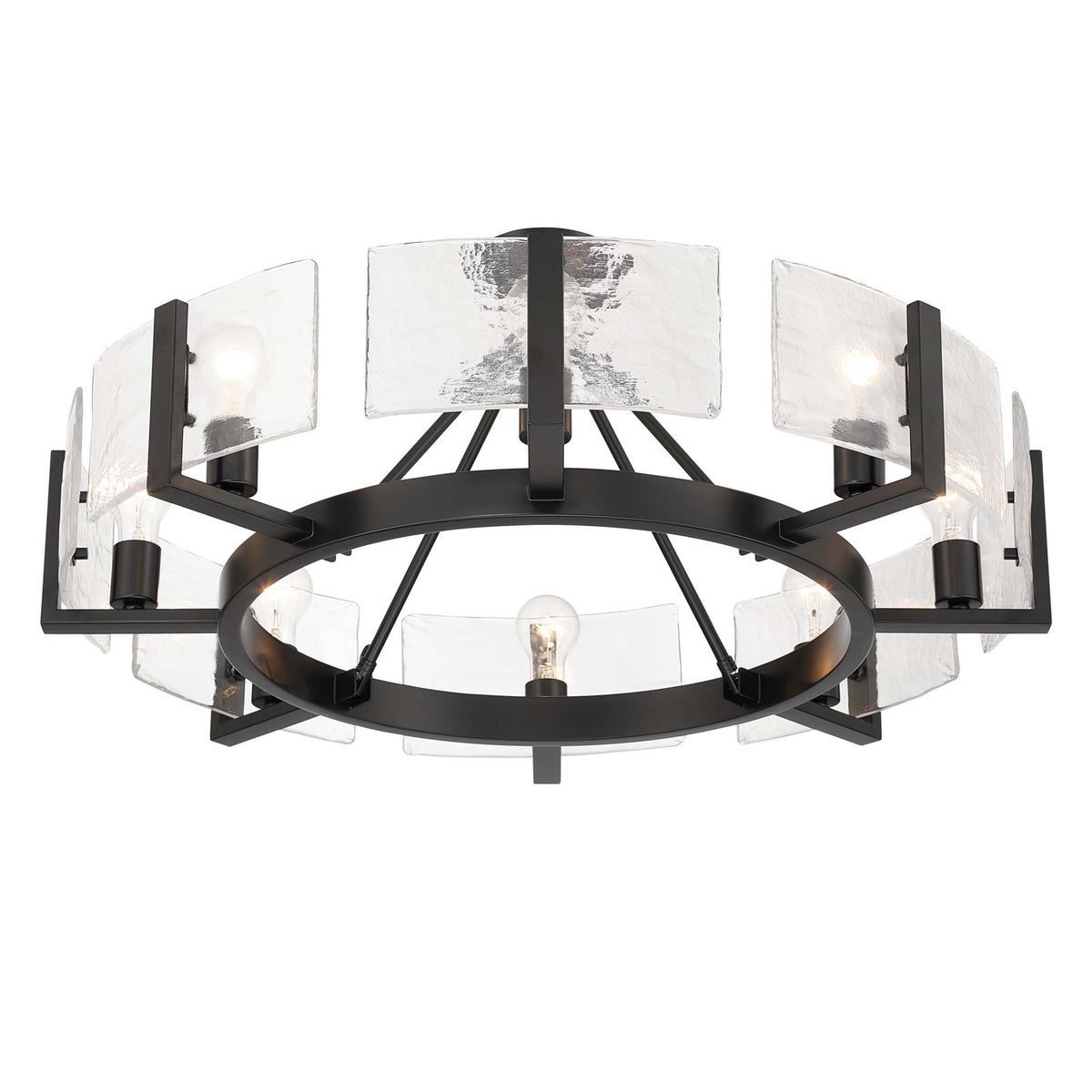 Golden Lighting Aenon 32in 8-Light Semi-Flush Mount | Rustic Matte Black and Hammered Water Glass | Entryway & Kitchen | Model 3164-8SF BLK-HWG