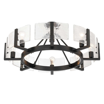 Golden Lighting Aenon 32in 8-Light Semi-Flush Mount | Rustic Matte Black and Hammered Water Glass | Entryway & Kitchen | Model 3164-8SF BLK-HWG