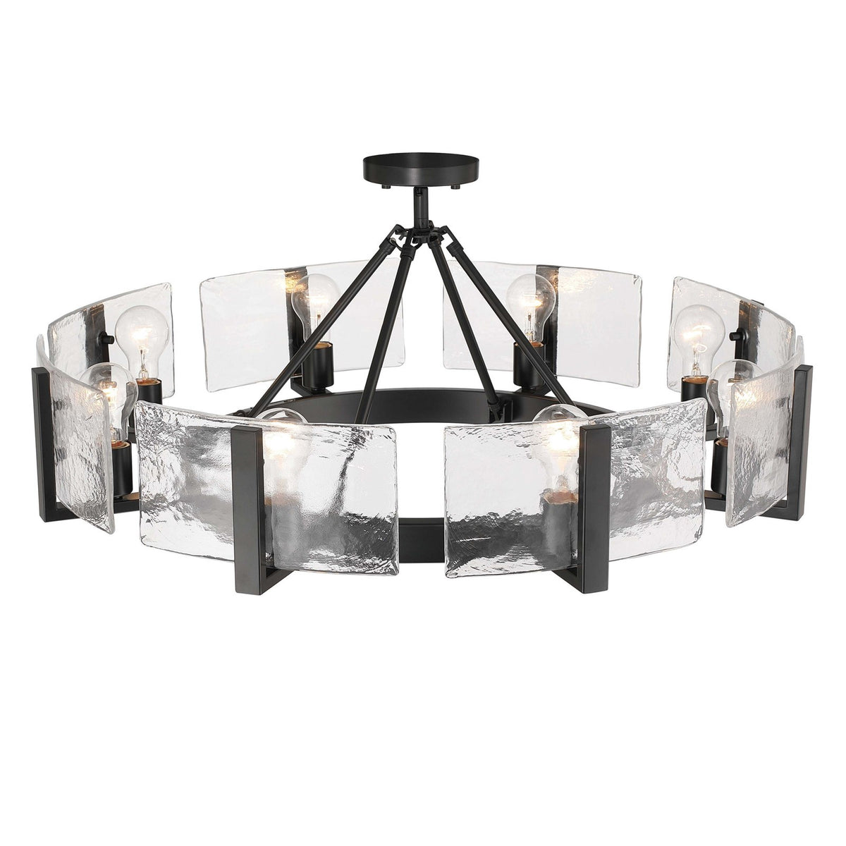 Golden Lighting Aenon 32in 8-Light Semi-Flush Mount | Rustic Matte Black and Hammered Water Glass | Entryway & Kitchen | Model 3164-8SF BLK-HWG